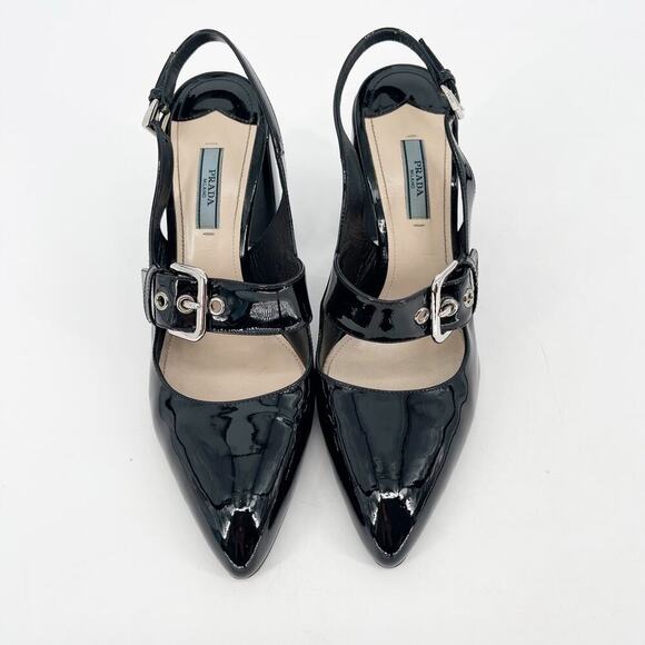 Prada Black Patent Leather Pointed Toe Mary Jane Strap Slingback Heel IT 40 - Picture 5 of 13
